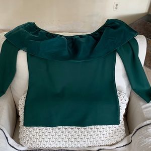 Emerald Green J Crew Blouse with sheer ruffle detail around collar.